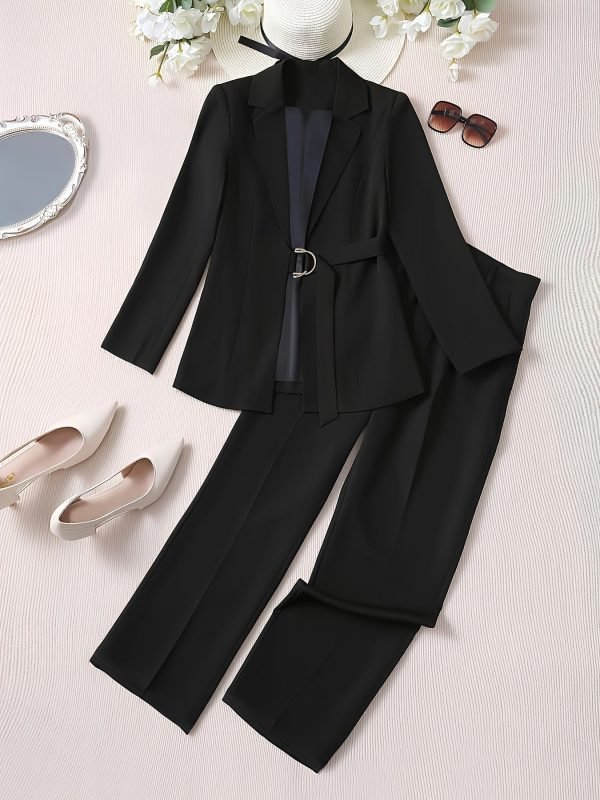 342a6fae-56c6-460b-8e95-b09c71fca3b6-1 Elegant Office Pants Set, Belted Lapel Long Sleeve Slim Blazer & High Waist Straight Leg Loose Pants, Women's Clothing