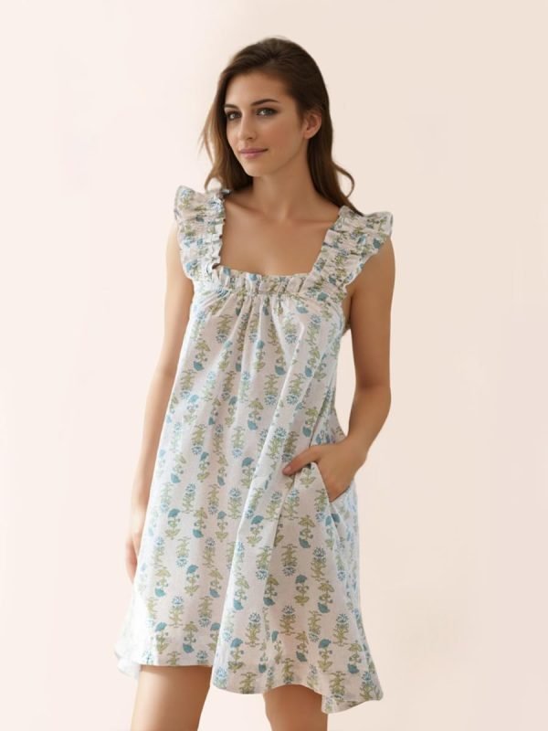 Womens Ruffle Nightgown Cotton Sleeveless Nightdress Soft Printed Night gown with Pockets