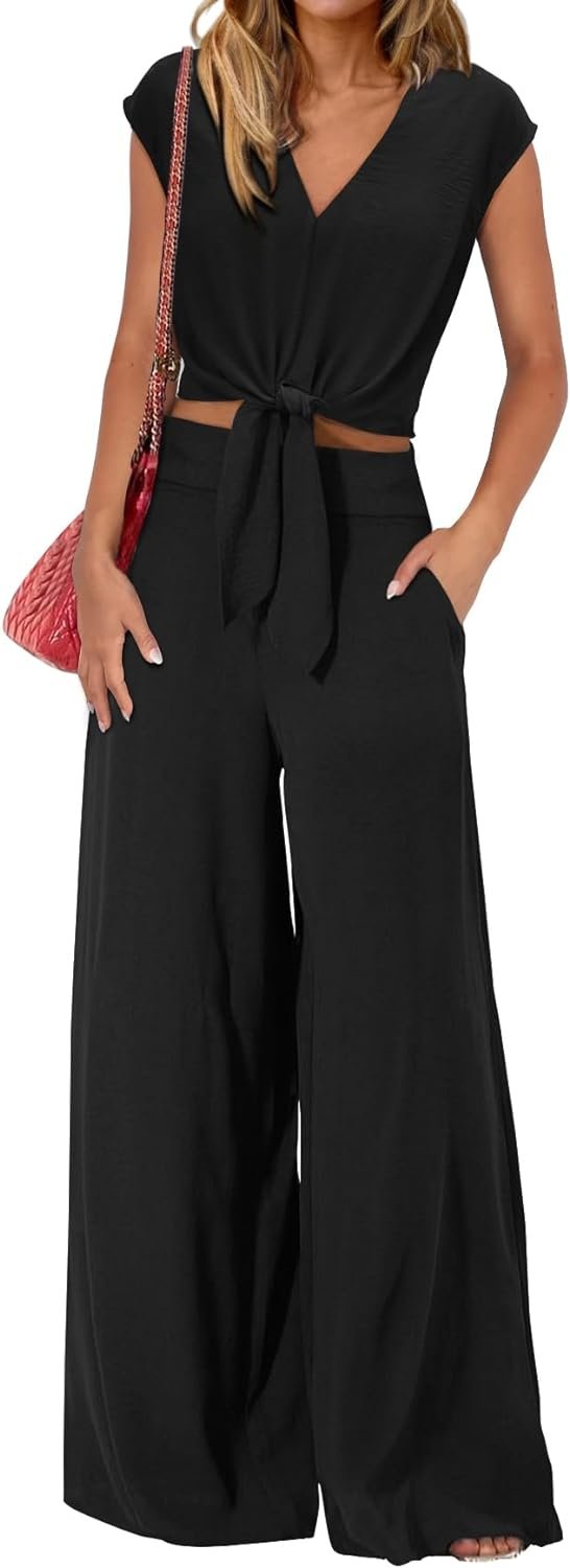 510RVsR4HhL._AC_SL1500 Women's Summer 2 Piece Outfits 2024 Cap Sleeve V Neck Belted Crop Tops Wide Leg Pant Sets Casual Tracksuit