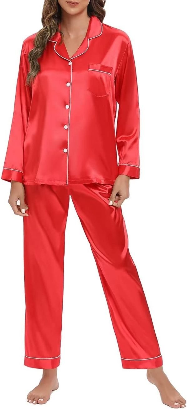 514hgOhzT9L._AC_SL1500 Women's Silk Satin Pajamas Set Long Sleeve Sleepwear Soft Pjs Set Two Piece Button Down Loungewear Pj Set