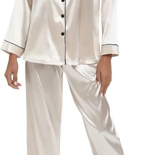 515s0kT1sEL._AC_SL1500 Women's Silk Satin Pajamas Set Long Sleeve Sleepwear Soft Pjs Set Two Piece Button Down Loungewear Pj Set