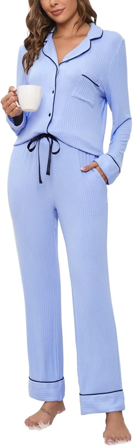 51OdU1JMe0L._AC_SL1500 Womens Pajama Sets Soft Comfy Button Down Knitted Long Sleeve Sleepwear Pjs Lounge Sets Nightwear