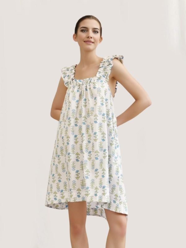 Womens Ruffle Nightgown Cotton Sleeveless Nightdress Soft Printed Night gown with Pockets