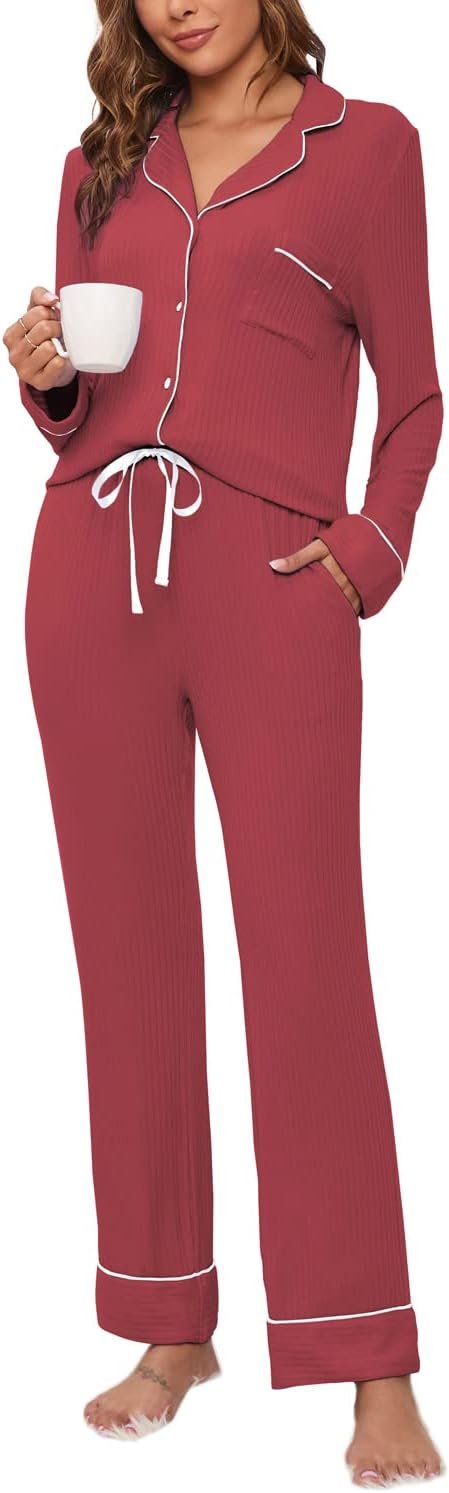 51a7N7F63xL._AC_SL1500 Womens Pajama Sets Soft Comfy Button Down Knitted Long Sleeve Sleepwear Pjs Lounge Sets Nightwear