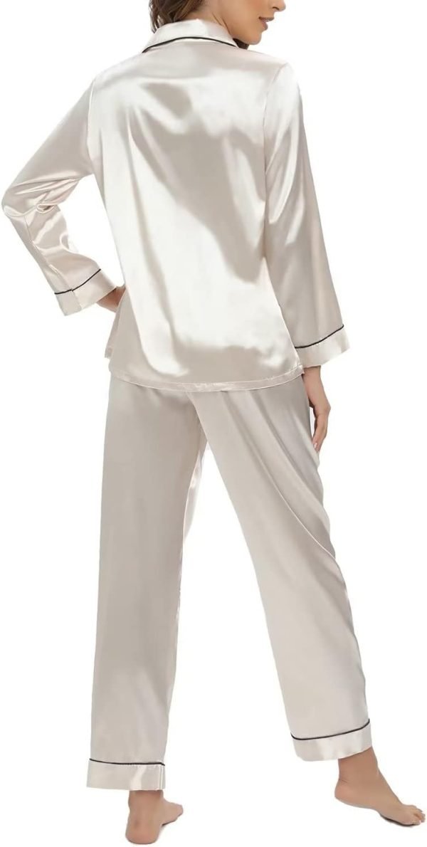 51ePwktFiJL._AC_SL1500 Women's Silk Satin Pajamas Set Long Sleeve Sleepwear Soft Pjs Set Two Piece Button Down Loungewear Pj Set