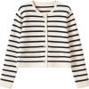 Women's Lightweight Striped Loose Sweater Polo V Neck Knitted Lapel Shirt Casual Color Block Top with Cream Background