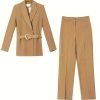561cad75-e006-4857-bb5c-cb88b616f81a-1 Solid Color Elegant Office & Work Pants Set, Belt Long Sleeve Lapel Neck Blazer & Straight Leg Pants Outfits, Women's Clothing