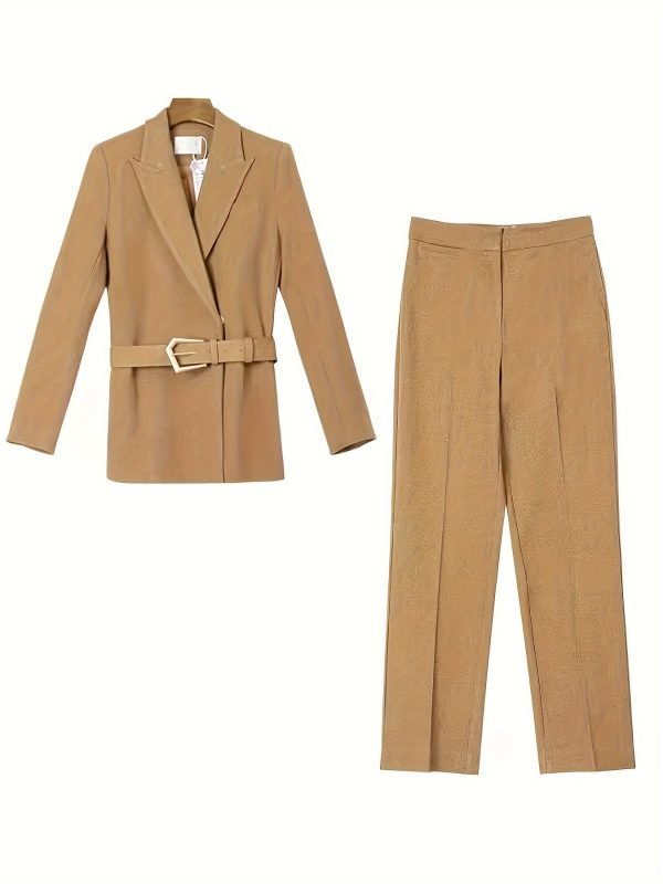 561cad75-e006-4857-bb5c-cb88b616f81a-1 Solid Color Elegant Office & Work Pants Set, Belt Long Sleeve Lapel Neck Blazer & Straight Leg Pants Outfits, Women's Clothing