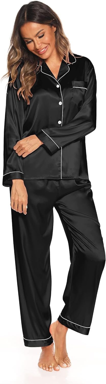 611PFrhoulL._AC_SL1500 Silk Satin Pajamas Set for Women 2 Piece Soft Long Sleeve Tops & Bottoms Sleepwear Pj Lounge Set S-XXL