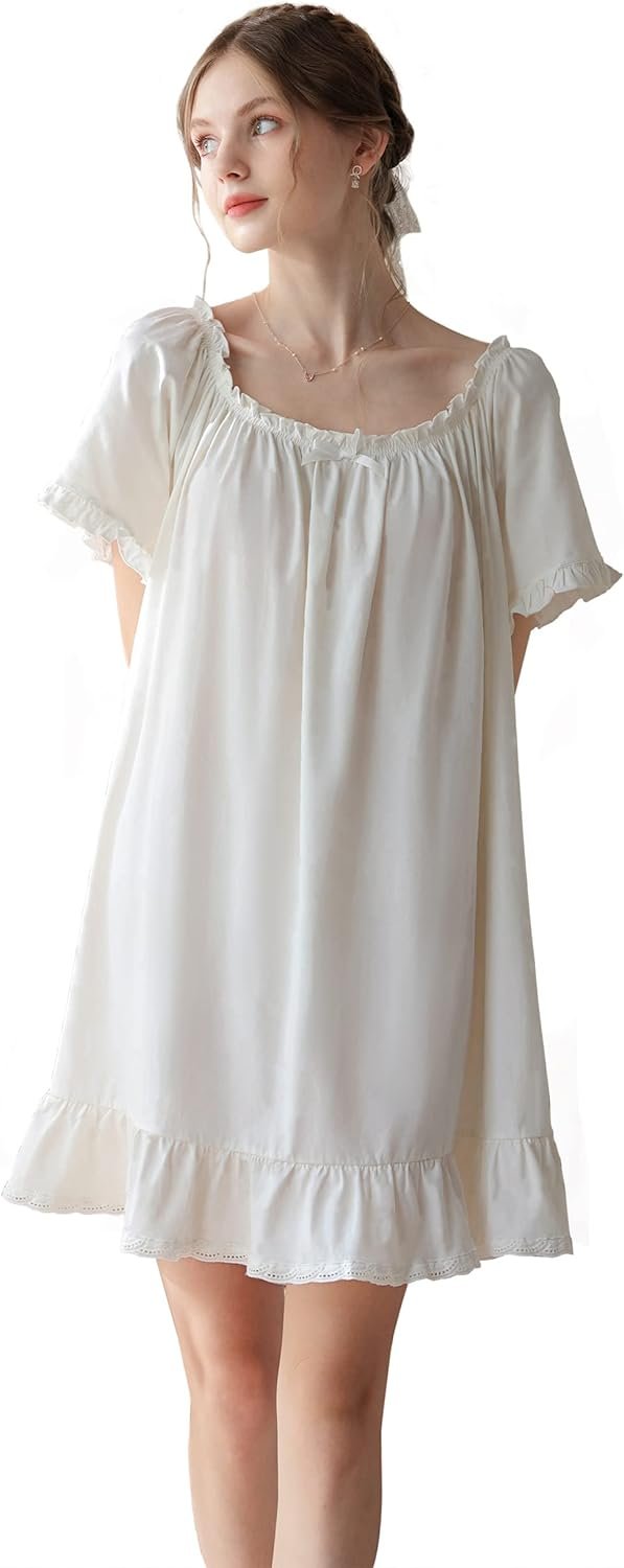 Women's Cotton Nightgowns Vintage Lightweight Gown Sets Short Sleeve Princess Nightdress