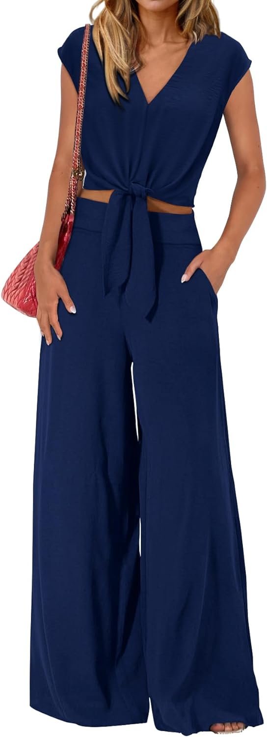 612Ri_CzkjL._AC_SL1500 Women's Summer 2 Piece Outfits 2024 Cap Sleeve V Neck Belted Crop Tops Wide Leg Pant Sets Casual Tracksuit