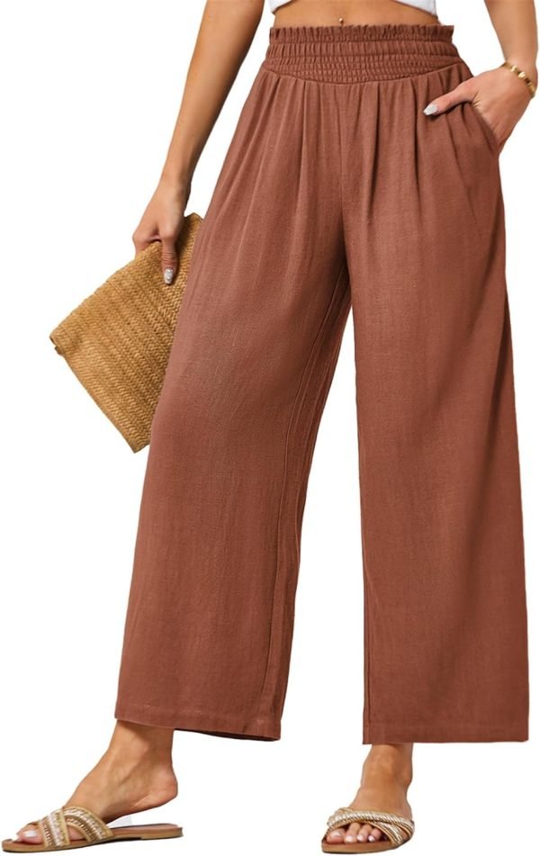 JASAMBAC Women's Capri Linen Wide Leg Pants Summer Boho Wide Leg Pants Smocked High-Rise Waist Casual Beach Pants with Pocket
