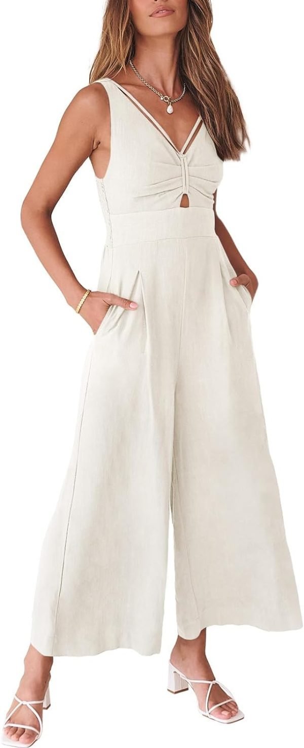 ANRABESS Women's Summer Wide Leg Linen Jumpsuits Dressy V Neck Sleeveless Casual Pants Rompers 2024 Vacation Beach Outfits