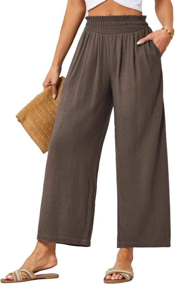JASAMBAC Women's Capri Linen Wide Leg Pants Summer Boho Wide Leg Pants Smocked High-Rise Waist Casual Beach Pants with Pocket