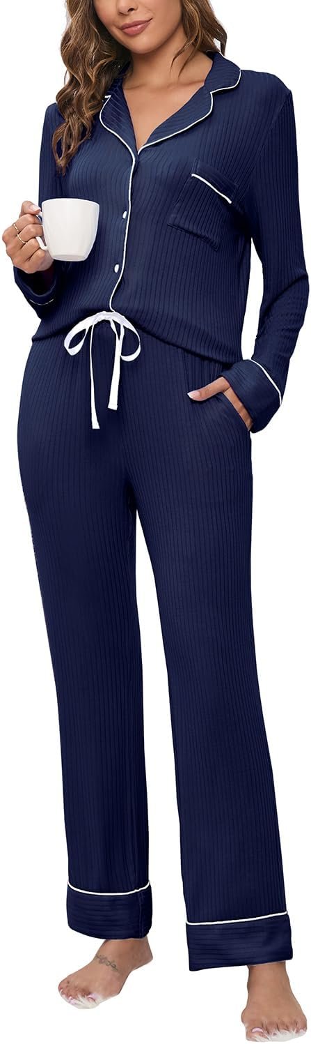 617om-L3EgL._AC_SL1500 Womens Pajama Sets Soft Comfy Button Down Knitted Long Sleeve Sleepwear Pjs Lounge Sets Nightwear