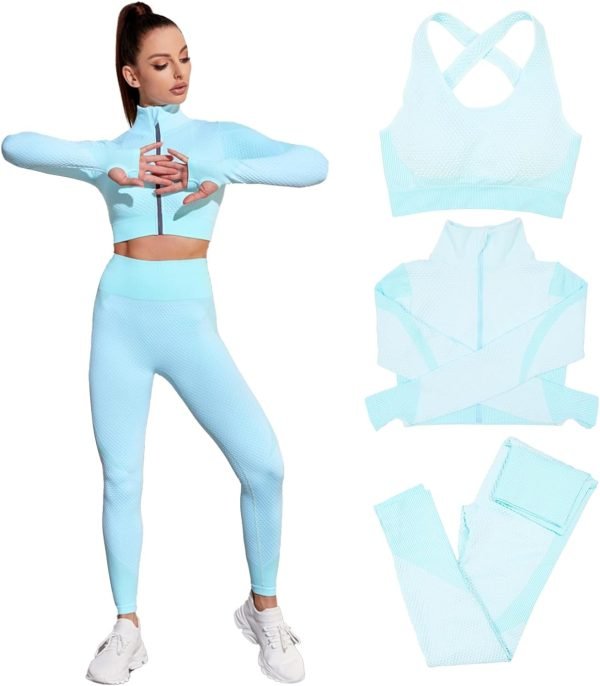 618V-FyfYfL._AC_SL1500 Women's 3 Piece Outfits Tracksuit Workout Set Sports Bra High Waist Yoga Gym Leggings and Crop Top