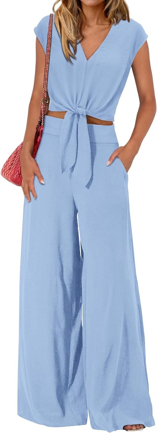 619dkpEiMLL._AC_SL1500 Women's Summer 2 Piece Outfits 2024 Cap Sleeve V Neck Belted Crop Tops Wide Leg Pant Sets Casual Tracksuit