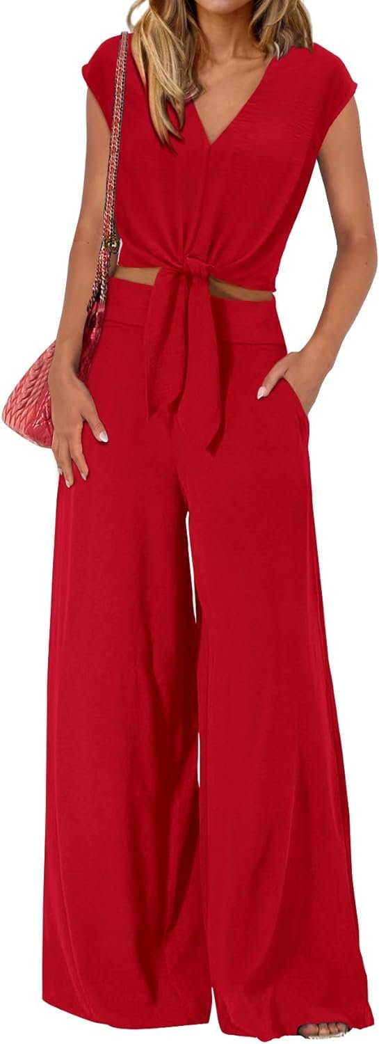 61FJdfE8Y0L._AC_SL1500 Women's Summer 2 Piece Outfits 2024 Cap Sleeve V Neck Belted Crop Tops Wide Leg Pant Sets Casual Tracksuit