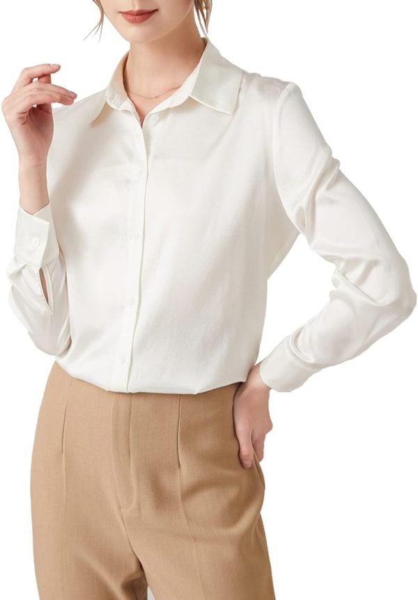Womens Satin Solid Blouse Bow Tie Neck Button Down Shirts Long Sleeve Office Work Blouses Dressy Tops for Ladies Casual