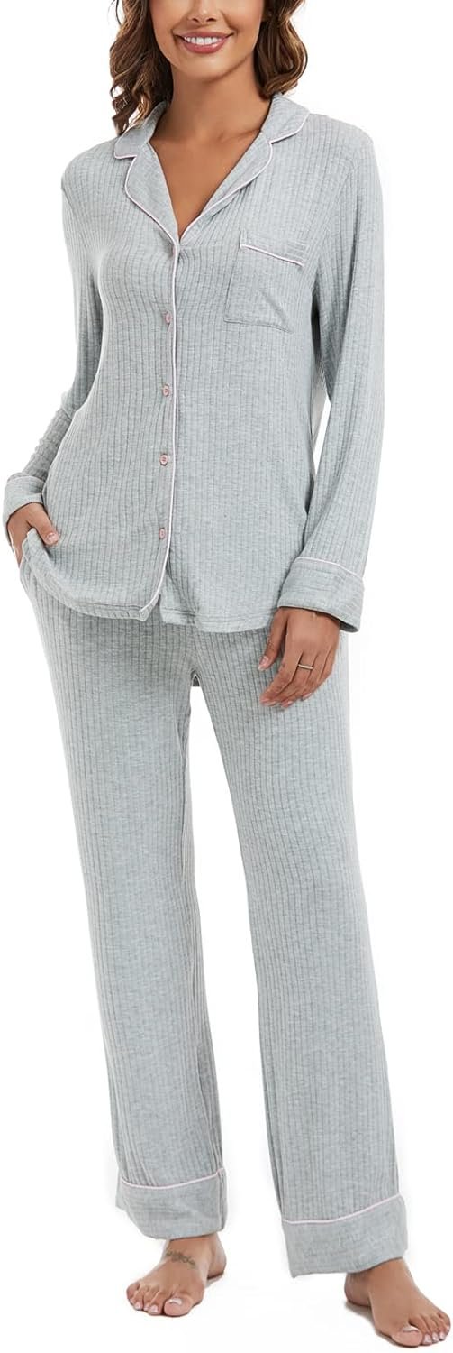 61LNi5E178L._AC_SL1500 Womens Pajama Sets Soft Comfy Button Down Knitted Long Sleeve Sleepwear Pjs Lounge Sets Nightwear