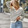 Women's Lightweight Striped Loose Sweater Polo V Neck Knitted Lapel Shirt Casual Color Block Top with Cream Background