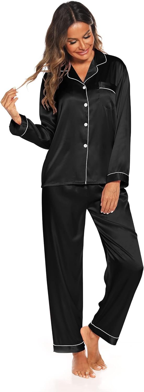 61PI5xfschL._AC_SL1500 Silk Satin Pajamas Set for Women 2 Piece Soft Long Sleeve Tops & Bottoms Sleepwear Pj Lounge Set S-XXL