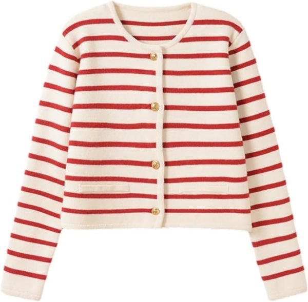 Women's Lightweight Striped Loose Sweater Polo V Neck Knitted Lapel Shirt Casual Color Block Top with Cream Background