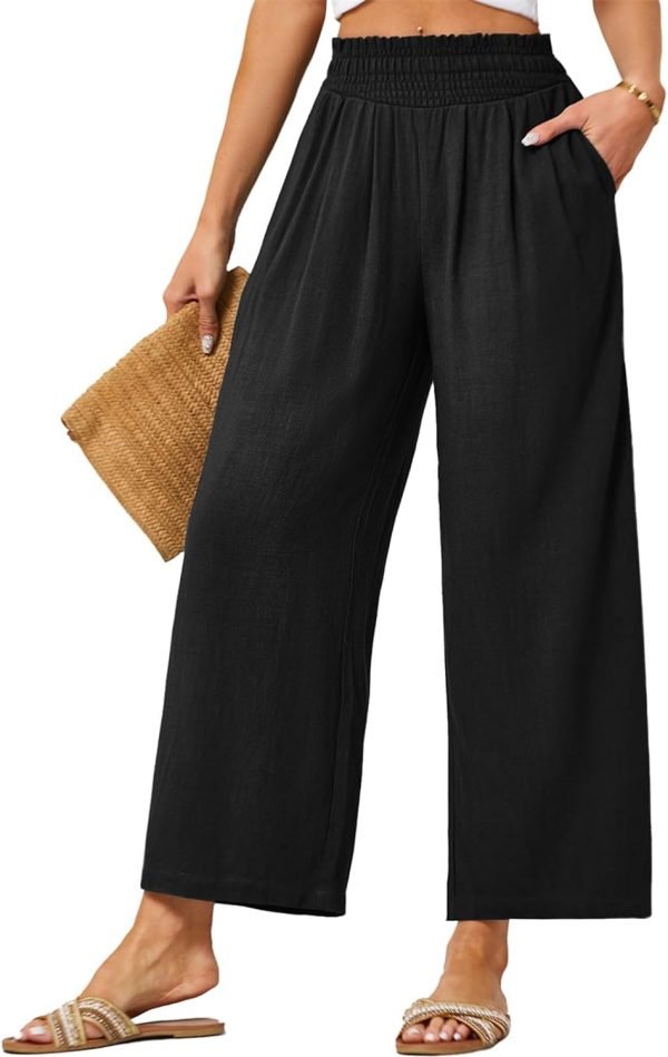 JASAMBAC Women's Capri Linen Wide Leg Pants Summer Boho Wide Leg Pants Smocked High-Rise Waist Casual Beach Pants with Pocket