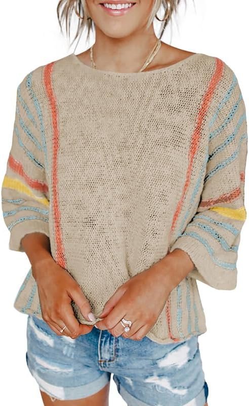 61YD63IbTWL._AC Womens 2024 Cute Spring Summer Color Block Striped Lightweight Comfy Cable Knit Beach Boho Clothes Pullover Sweaters