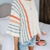 61YbyPCDifL._AC Womens 2024 Cute Spring Summer Color Block Striped Lightweight Comfy Cable Knit Beach Boho Clothes Pullover Sweaters