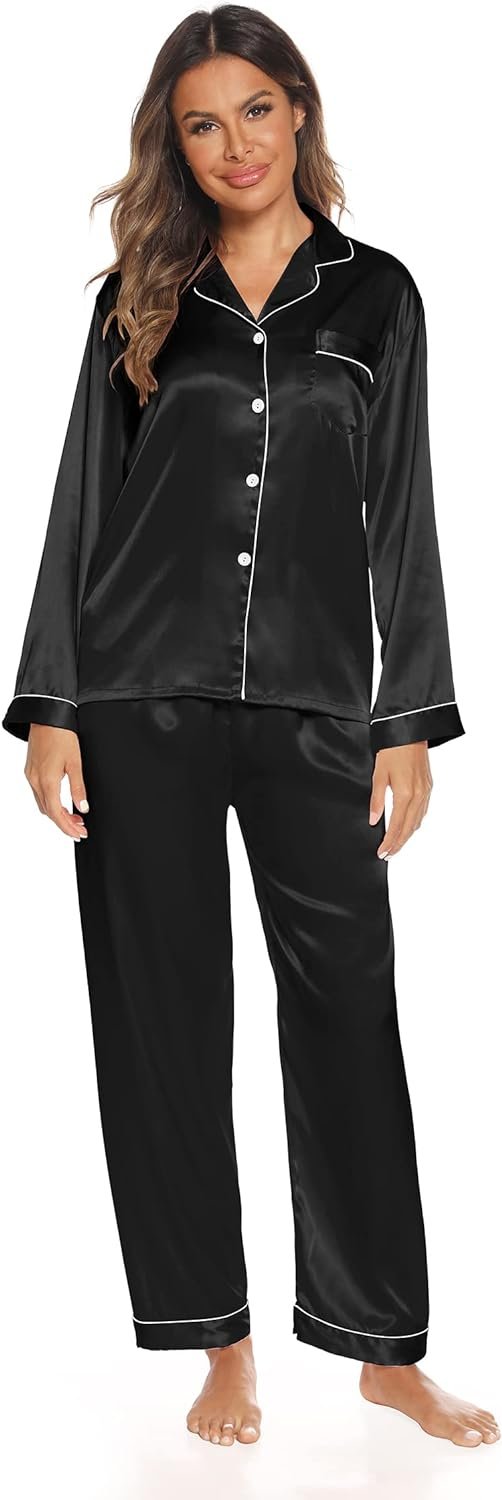 61ZrxjhELXL._AC_SL1500 Silk Satin Pajamas Set for Women 2 Piece Soft Long Sleeve Tops & Bottoms Sleepwear Pj Lounge Set S-XXL