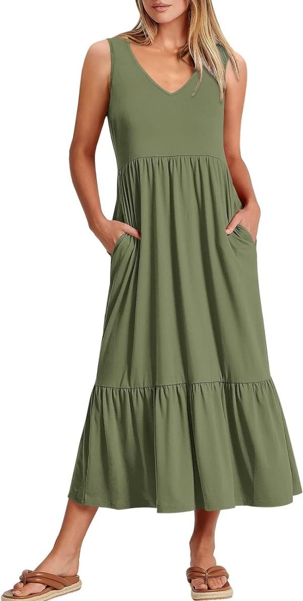 61_4FWFjhoL._AC_SL1500 ANRABESS Women's Summer Casual Sleeveless V Neck Swing Dress Fit & Flare Flowy Tiered Maxi Beach Sundress with Pockets