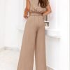 61bRe78aaeL._AC_SL1500 Women's Summer 2 Piece Outfits 2024 Cap Sleeve V Neck Belted Crop Tops Wide Leg Pant Sets Casual Tracksuit