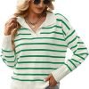 Women's Lightweight Striped Loose Sweater Polo V Neck Knitted Lapel Shirt Casual Color Block Top with Cream Background