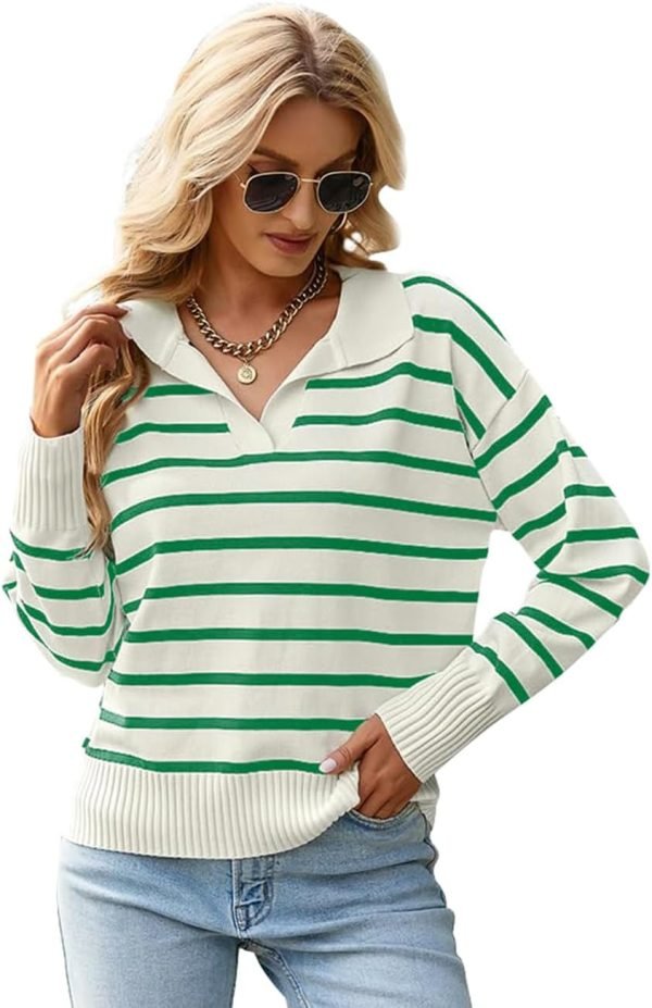 Women's Lightweight Striped Loose Sweater Polo V Neck Knitted Lapel Shirt Casual Color Block Top with Cream Background