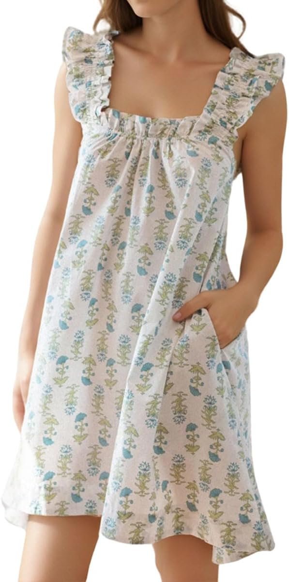 61chfdoVcLL._AC_SL1200 Womens Ruffle Nightgown Cotton Sleeveless Nightdress Soft Printed Night gown with Pockets