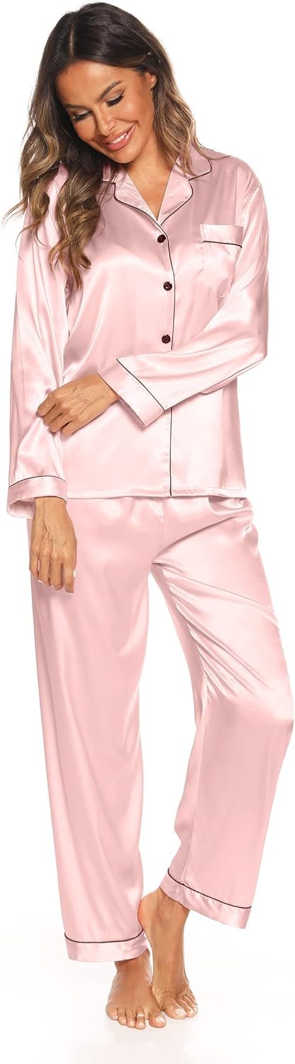 61e7d3bP6LL._AC_SL1500 Silk Satin Pajamas Set for Women 2 Piece Soft Long Sleeve Tops & Bottoms Sleepwear Pj Lounge Set S-XXL