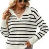 Women's Lightweight Striped Loose Sweater Polo V Neck Knitted Lapel Shirt Casual Color Block Top with Cream Background