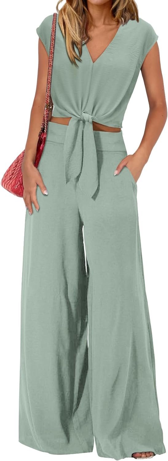 61kl_lN8jyL._AC_SL1500 Women's Summer 2 Piece Outfits 2024 Cap Sleeve V Neck Belted Crop Tops Wide Leg Pant Sets Casual Tracksuit