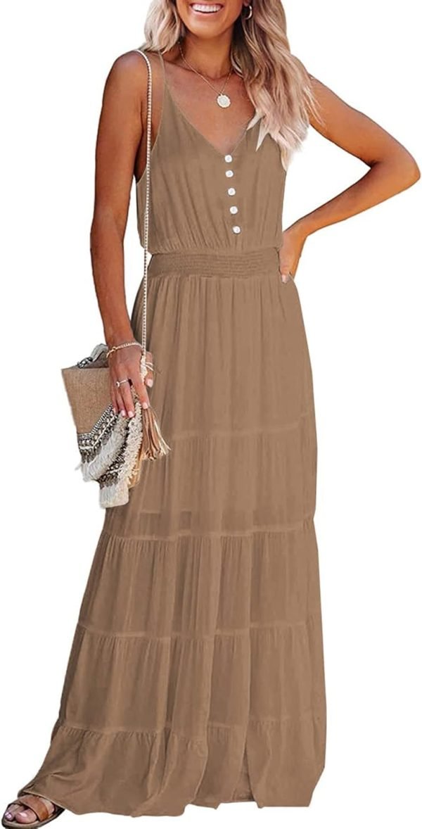 Womens Summer Spaghetti Strap Sleeveless High Waist Beach Long Maxi Sun Dress