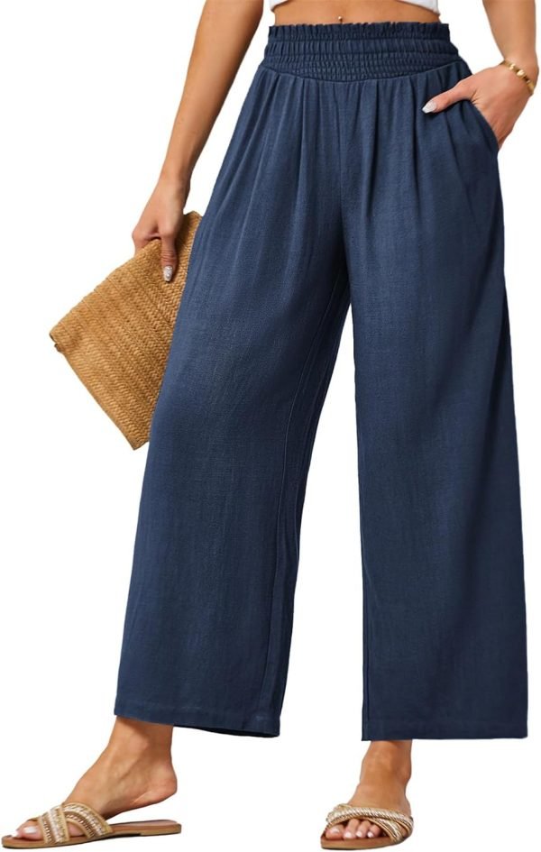 JASAMBAC Women's Capri Linen Wide Leg Pants Summer Boho Wide Leg Pants Smocked High-Rise Waist Casual Beach Pants with Pocket