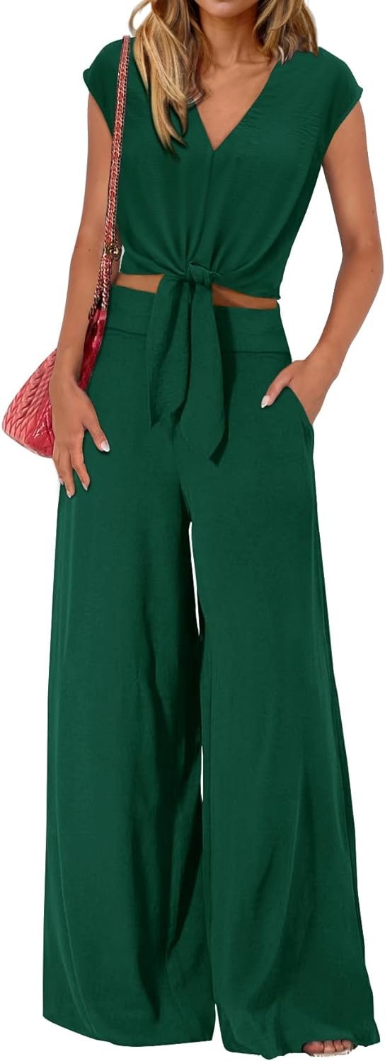 61tPYCV2L7L._AC_SL1500 Women's Summer 2 Piece Outfits 2024 Cap Sleeve V Neck Belted Crop Tops Wide Leg Pant Sets Casual Tracksuit
