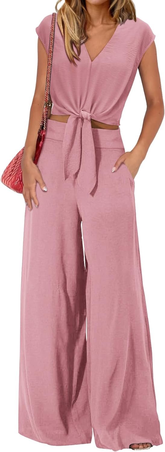 61xkWMNTRGL._AC_SL1500 Women's Summer 2 Piece Outfits 2024 Cap Sleeve V Neck Belted Crop Tops Wide Leg Pant Sets Casual Tracksuit