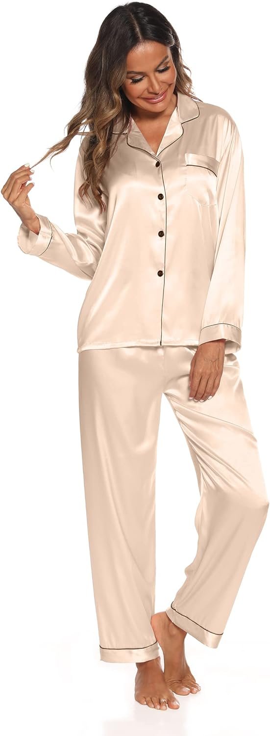 61y_6OFxsML._AC_SL1500 Silk Satin Pajamas Set for Women 2 Piece Soft Long Sleeve Tops & Bottoms Sleepwear Pj Lounge Set S-XXL