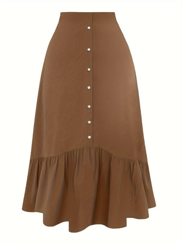 67e3b42e8fcc2fe266aef7d7ab08ce28-1 Women's Elegant Skirt, Plus Size Solid Button Decor Elastic High Rise Ruffle Hem Swing Maxi Skirt