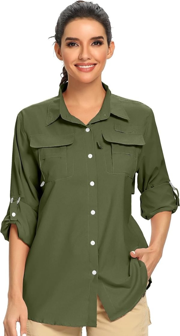 71G6iBGnHYL._AC_SL1500 Women's UPF 50 Long Sleeve UV Sun Protection Safari Shirts Outdoor Quick Dry Fishing Hiking Travel Shirts