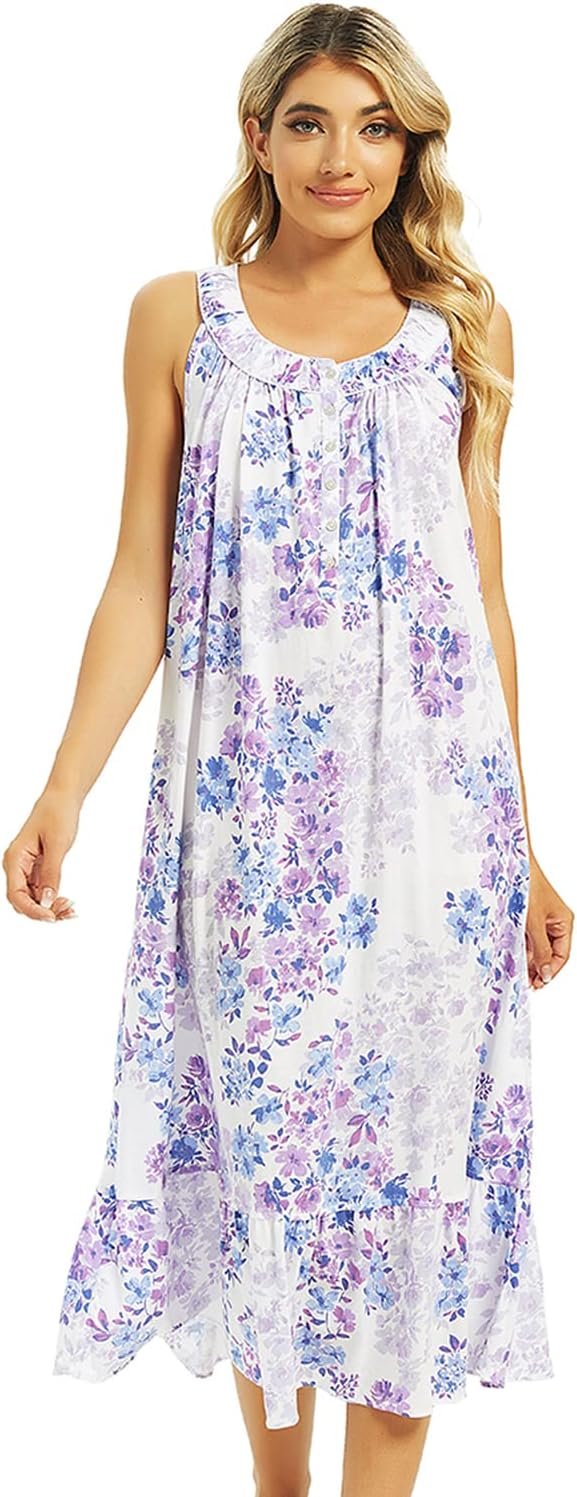 Cotton Nightgown for Women Sleeveless Loungewear Comfy Soft Sleepwear Long Sleepdress Loose Full Length Nightdress