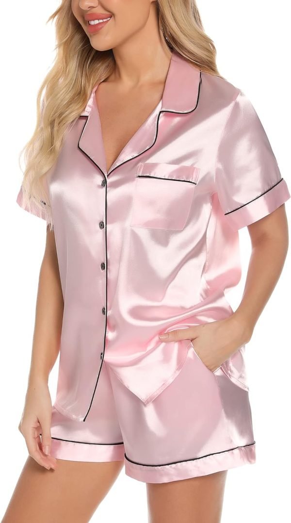 Womens Silk Satin Pajamas Set Button Down Pj Sets Short Sleeve Sleepwear Set S-XXl