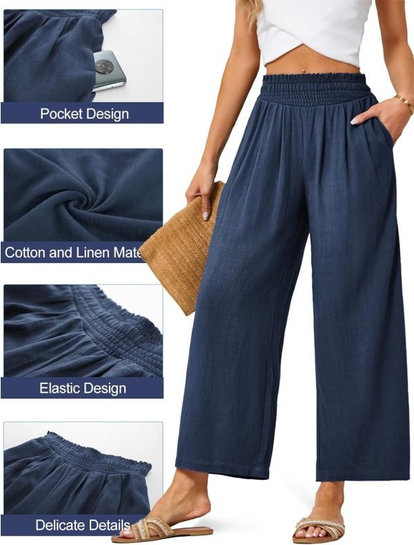 JASAMBAC Women's Capri Linen Wide Leg Pants Summer Boho Wide Leg Pants Smocked High-Rise Waist Casual Beach Pants with Pocket