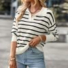 Women's Lightweight Striped Loose Sweater Polo V Neck Knitted Lapel Shirt Casual Color Block Top with Cream Background